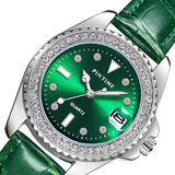 PINTIME Watch for Women Vintage Agate Green Leather Strap Diamond Dial Luminous Waterproof Calendar Quartz Wristwatch Relogios