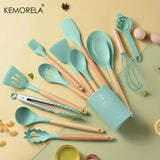 14pcs Silicone Utensil Set - Non-Stick Cooking Utensils With Wooden Handle & Storage Bucket