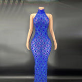 Sexy Shiny Water Diamond Silver Large Women's Evening Hanging Neck Fish Tail Long Dress Sleeveless