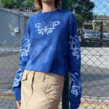 Polyester Blooming Butterfly Print Loose Casual Waffle T-shirt Basic Top