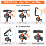 140cm/55in Selfie Stick Tripod Stand with Flexible Ball Head Phone Holder 1/4 Inch Screw Connection for Smartphone