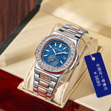 PINTIME Men's Watches Stainless Steel Strap Fashion Quartz Wristwatch Waterproof 30M Shiny Zircon Case Business Male Clock Reloj