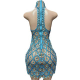 Novas new sky blue checkered diamond mesh fabric round neck sleeveless backless mini short dress