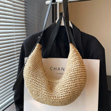 Women Straw Woven Half Moon Weaving Shoulder Bag Large Capacity Tote Clutch Bags Zipper Closure for Outdoor Travel