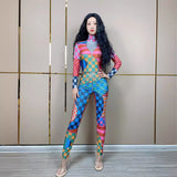 Colorful splicing, personalized street style, fashionable sexy jumpsuit, long sleeved and tight fitting