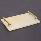 1pc Marble Pattern Bathroom Tray, Bathroom Toiletry Storage Tray With Golden Handles, Bathroom Supplies