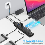 Hub Aluminum 13/16 Port USB 3.0 Splitter 5Gbps Data Transfer with Individual On/Off Switches for PC Laptop