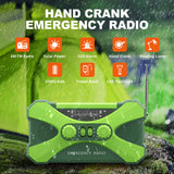 Hand Crank Radio Emergency Solar Rechargeable Waterproof Type-C Phone Charger Camping Hiking Flashlight Light Green