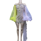 New Personalized Style Transparent Colorful Mesh Flare Sleeves Skirt hem Water Diamond Sexy Tight Gift Dress