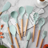 12PCS Silicone Kitchenware Non-Stick Cookware Kitchen Utensils Spatula Shovel Egg Beaters Wooden Handle Cooking Tool Set