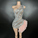 Personalized Diagonal Shoulder Hot Selling Elegance Celebrity Dress Tight Mesh Elastic Wrap Hip Sexy Sequin Short Skirt