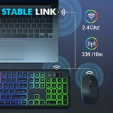 Wireless Keyboard and Mouse Combo RGB Backlit, Rechargeable Light Up Letters, Full-Size, Ergonomic, Sleep Mode, 2.4GHz