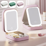 Rechargeable Compact LED Vanity Storage with Touch Screen Dimming Makeup Mirror Portable Necklace Earring Jewelry Box