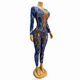 New Fashion jumpsuit with long sleeves, sexy print, perspective hollowed out stage hosting and performance dress