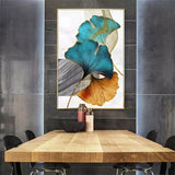Blue Green Yellow Gold Leaf Plant Flower Canvas Poster Abstract Painting Wall Art Print Living Room Decoration