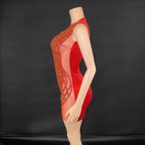 Internet famous red temperament short skirt with fine glitter and small diamonds, sexy buttocks, slim appearance without sleeves