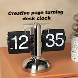 1pc Automatic Page-turning Mechanical Desk Clock, Black And White Simple Alarm Clock, Metal Desktop Clock Ornaments, For Home Room Desk Office Decor, Christmas Gifts
