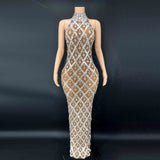 Sexy Shiny Water Diamond Silver Large Women's Evening Hanging Neck Fish Tail Long Dress Sleeveless