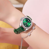 PINTIME Watch for Women Vintage Agate Green Leather Strap Diamond Dial Luminous Waterproof Calendar Quartz Wristwatch Relogios