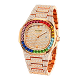PINTIME Watch for Men Waterproof 3ATM Bling Iced Out Colored Diamond Case Fashion Quartz Wristwatch Stainless Steel Strap Clock