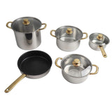 Stainless Steel Pots and Pans Set Ergonomic Golden Handle Multifunctional Cookware Set Cooking Pots with Glass Lids for Kitchen