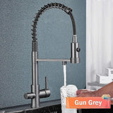 (Gun Grey Color) Rozin Gun Grey Filter Water Kitchen Faucet Black Pull Down Spring 3 Way Faucets Brass 360 Swivel Purification Water Mixer Tap