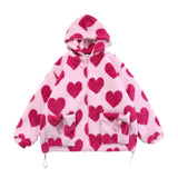(XXL Pink) Women Winter Faux Fur Long Sleeve Hoodies for Jacket Harajuku Love Heart Full Print Zip Up Plush Coat Hip Hop Oversized Loose Sweatshirt Parkas with