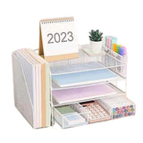 (White) Space Saving Metal Desk Organizers 4-Tiered Letter Tray Document Organizers with Magazine Stand Drawer and 2 Pen Cups  White