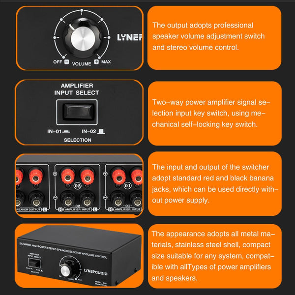 2 Input 1 Output Speaker Selector Switch Box Banana Plug Speakers for ...