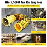 Utility Blower Fan 12 Inch High Speed Fast Ventilation Portable Ventilator with 10m Flexible PVC Pip