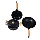 3Pcs Frying Pan Iron Pot Wooden Hand Non Stick Stirring Frying Stockpot Cookware for Kitchen