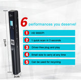 Portable Scanner 900DPI Wireless USB Support Card Document A4 Paper Color Photo Image Scanning Handheld JPG PDF Display Battery