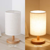 Round Bedside Table Lamp Nightstand Lamp with Fabric Shade and Solid Wood for Bedroom, Living Room Modern Office