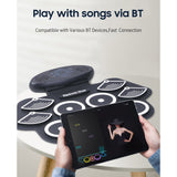 Portable 9 Pads Electronic Drum Set Roll Up Silicone Practice Drum Pad Support Recording Function/ Audio Input/ MIDI Output