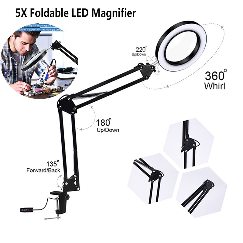 5X Illuminated Magnifier LED Magnifying Glass 360 Swivel Magnifier Lamp Loupe Reading/Rework/Soldering Iron Repair with Clamp