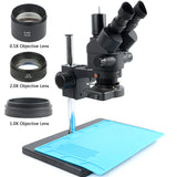 3.5X-90X Simul-Foca Trinocular Stereo Microscope 144 LED Illumination Ring Light Work Mat For PCB Board Soldering Repair