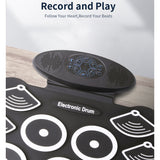 Portable 9 Pads Electronic Drum Set Roll Up Silicone Practice Drum Pad Support Recording Function/ Audio Input/ MIDI Output