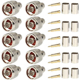 Pack of 10 N Male Plug Crimp Rf Coaxial Connector 50 Ohm for LMR400 RG8 Nickel Machined Brass Construction