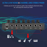 Mini Audio Mixer Ultra Low Noise Stereo Mixer 6 Input 1 Output Mono / Stereo Switching DC 5V for Microphone Guitar Bass Keyboard