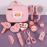 Wooden Beauty Salon Toys 12-Pieces Toddler Makeup Kit With Cosmetic Bag Wooden Pretend Makeup Playset Toy Portable Makeup Kit