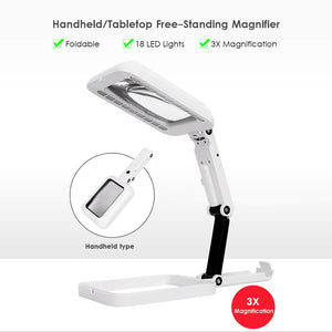 Magnifier Lighted Magnifying Glass Lens Square Magnifier Foldable Tabletop Freestanding Magnifier with Warm and Cool LED Lights