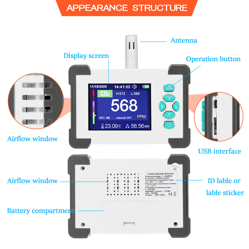 Co2 Tester 3.2inch TFT Full Color Carbon Dioxide Detector CO2 Tester Rechargeable ...