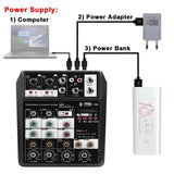 Wireless 4-channel Audio Mixer Portable Sound Mixing Console USB Interface MP3 Computer Input 48V Phantom Power Monitor for Home