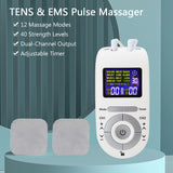 Portable Dual-Channel TENS&amp;EMS Device Pulse Massager Muscle Stimulator Unit 12 Massage Modes 40 Strength Levels Adjustable Timer