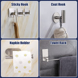 6PCS Self-Adhesive Stainless Steel Bathroom Hardware Kit Accessory Set with Towel Rack Coat Sticky Hooks Toilet Paper Holder