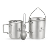 TOMSHOO Titanium Tableware Set 750ml Pot 450ml Water Cup Mug with Lid Folding Spork for Outdoor Camping Hiking Backpacking