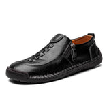 Mens Leather Comfortable Shoes Hand Stitching Zipper Non-Slip Casual Shoes Loafer Boat Sneaker
