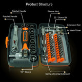 38-In-1 Household Toolbox Set with Ratchet Screwdriver 10 Sleeves 22 Bits Hardware Tools for Woodworking Vehicle Maintenance