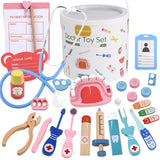 Realistic Doctor Kit Pretend Play Wooden Toy Model Toothbrush Toothpaste Dental Probe Dental Mirror Storage Bucket for Toddler