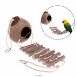 New Designed Natural Coconut Shell Bird Parrot Nest Hut Cage Toy Hideaway With Ladder Stand Bird Toys Accessories